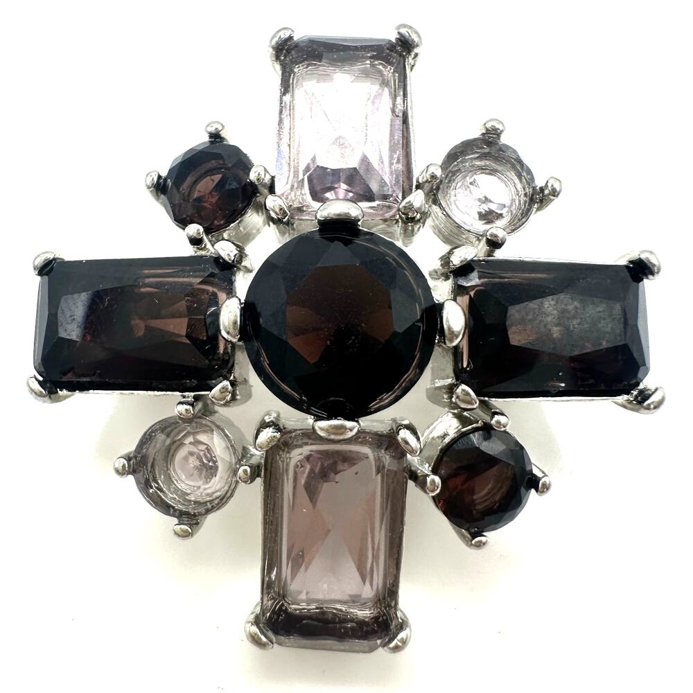 Vintage silver tone rhodium plated purple rhinestones Maltese cross brooch